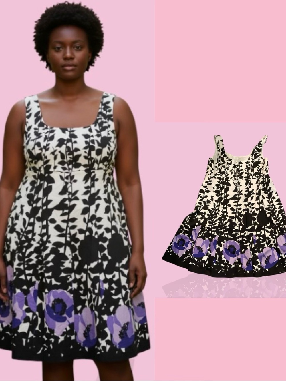 Nine West Black & White Floral Midi Dress with Purple Hem Flowers